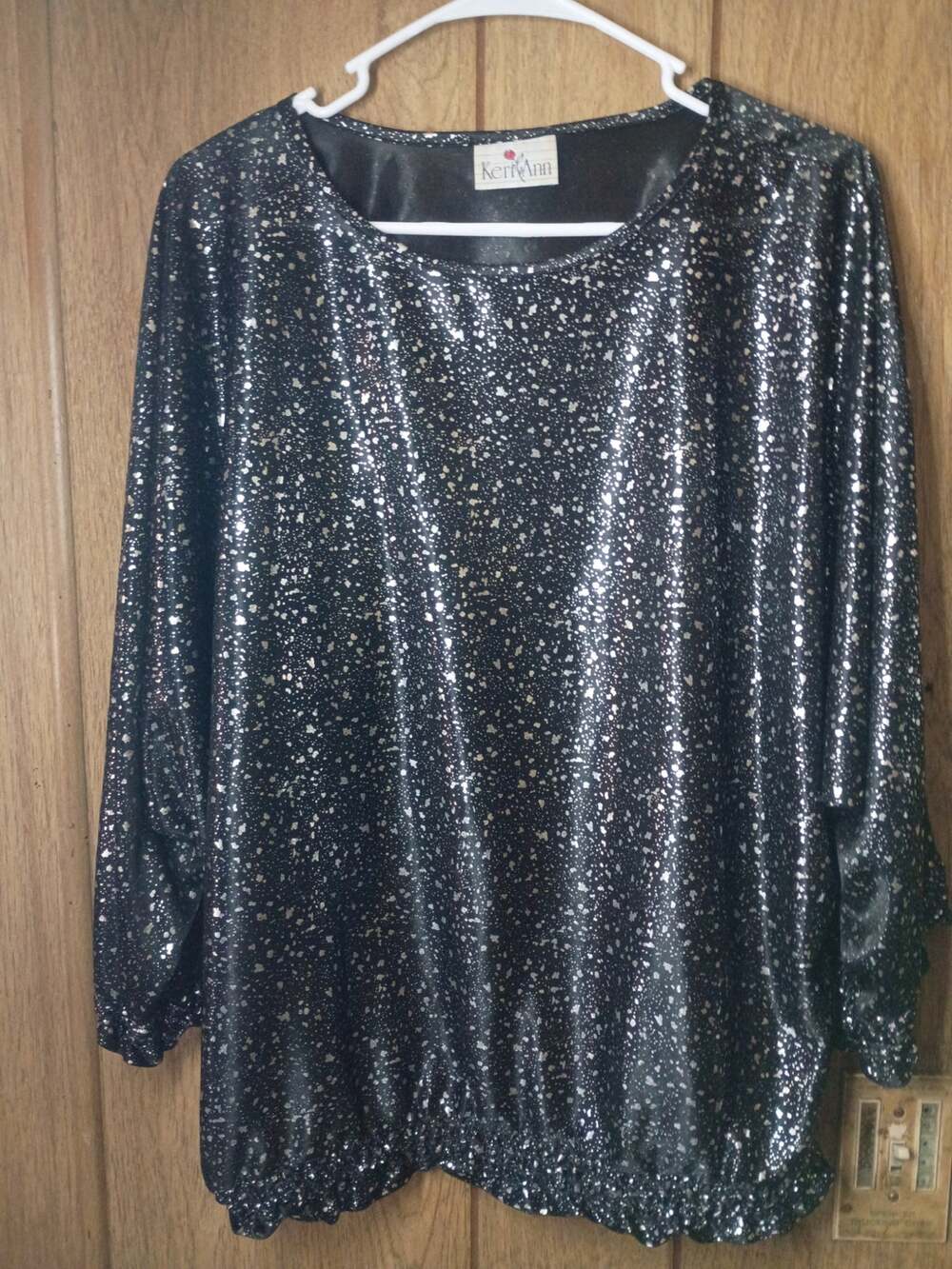 Black Silver Shimmer Batwing Blouse Womens XL Dolman Sleeve Blouson Party Top